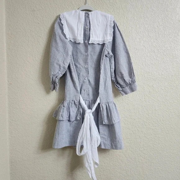 VTG Mousefeathers Size 6 Grey White Striped Lace Collar Puff Sleeve Ruffle Dress - Picture 4 of 16